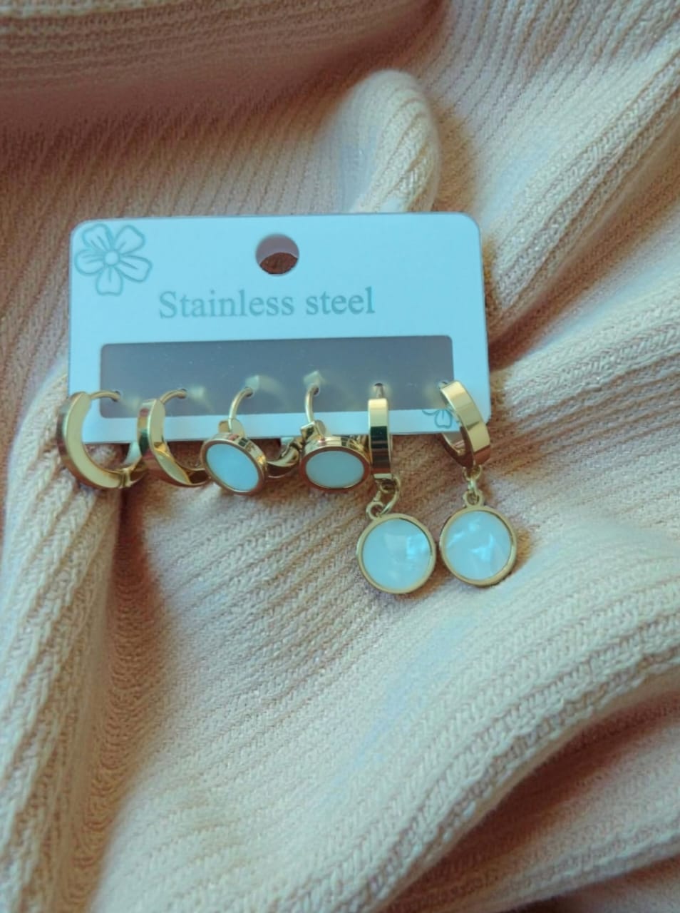 Pearl-Finish Round Shape Earring Set, Stainless Steel Hoop Earrings, set of 3