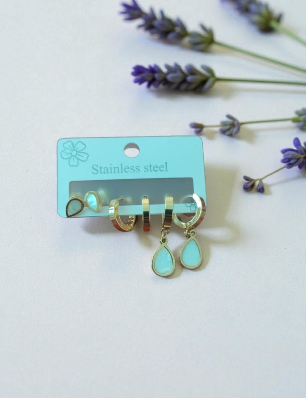 Pearl-Finish Drop Shape Earring Set, Stainless Steel Hoop Earrings, set of 3