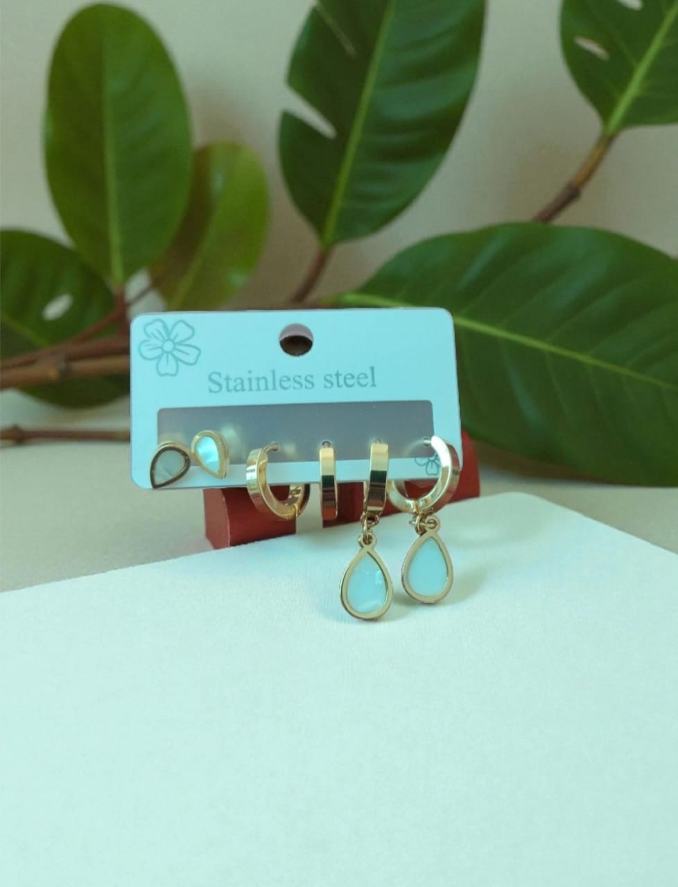 Pearl-Finish Drop Shape Earring Set, Stainless Steel Hoop Earrings, set of 3