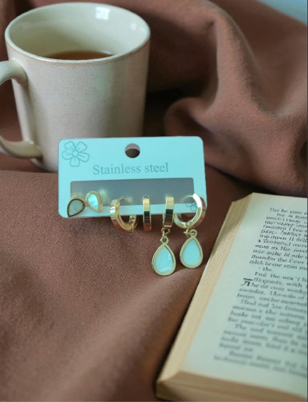 Pearl-Finish Drop Shape Earring Set, Stainless Steel Hoop Earrings, set of 3