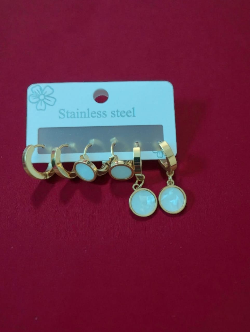 Pearl-Finish Round Shape Earring Set, Stainless Steel Hoop Earrings, set of 3