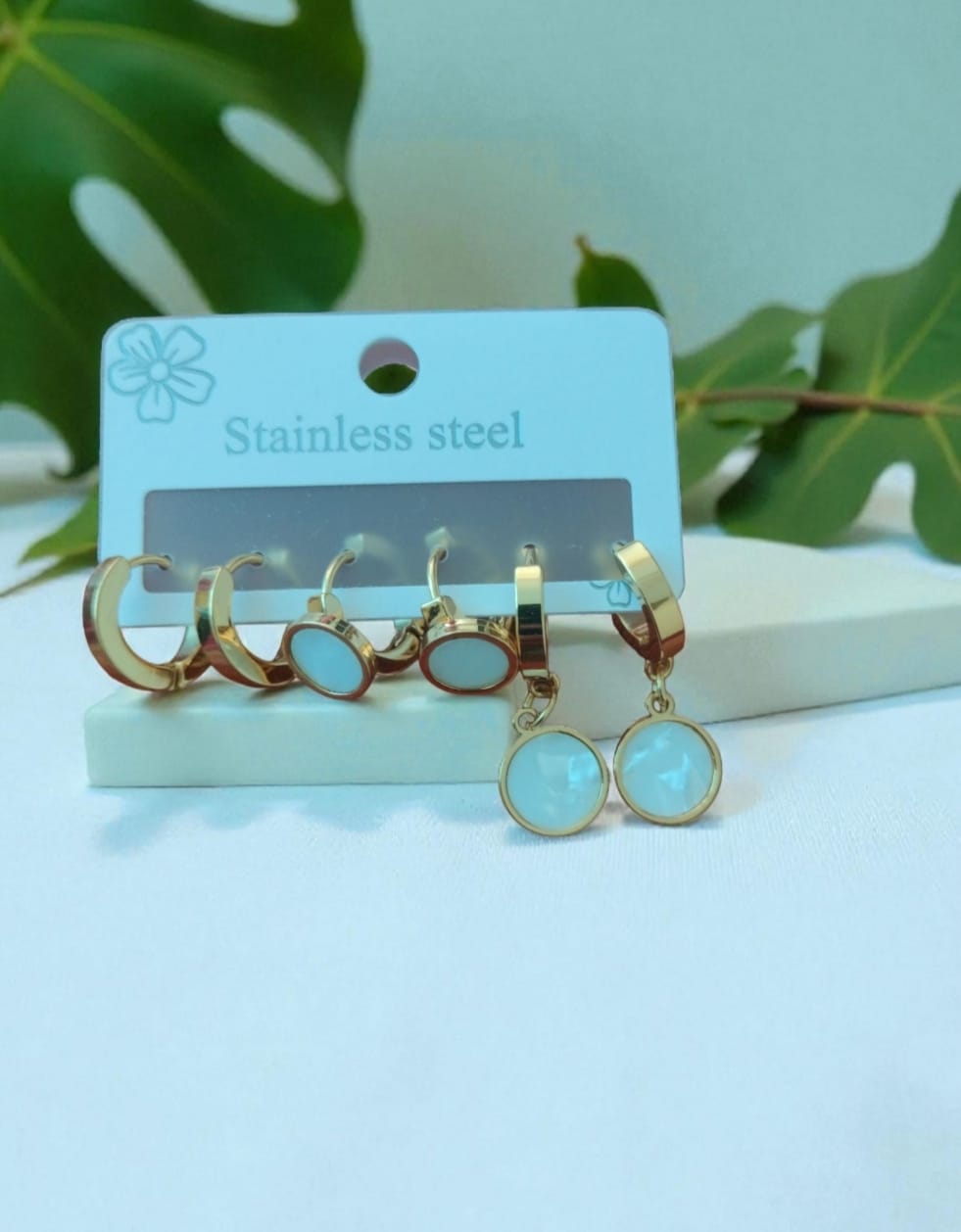 Pearl-Finish Round Shape Earring Set, Stainless Steel Hoop Earrings, set of 3