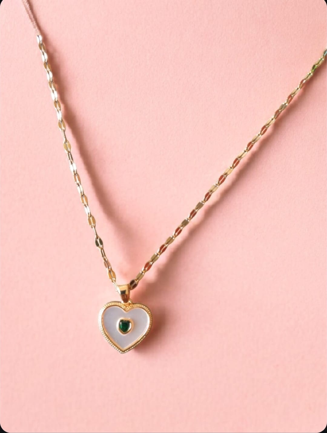 Golden Heart Shape Pendent with White Golden and mini Green Heart in it|Anti-Tarnish Pendent