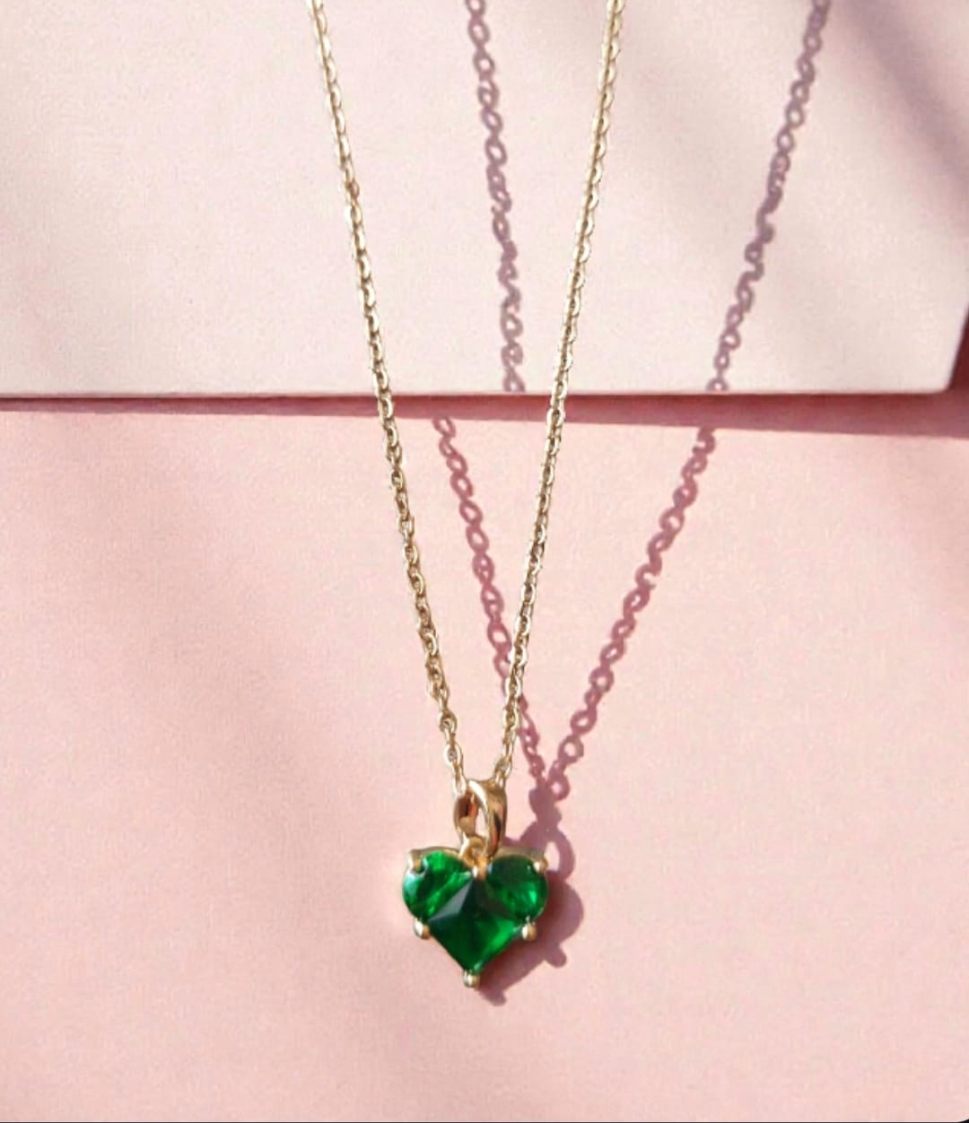 Green Emerald Heart Pendent, Anti-Tarnish Pendent Chain