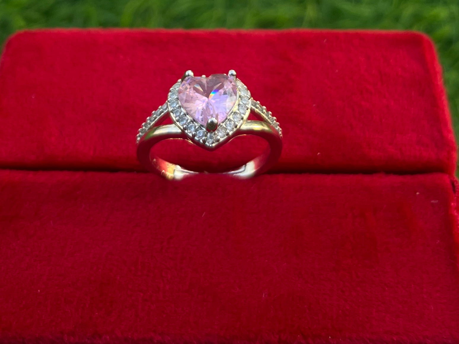 Studded Heart Shape Ring Pink Crystal Ring, Adjustable