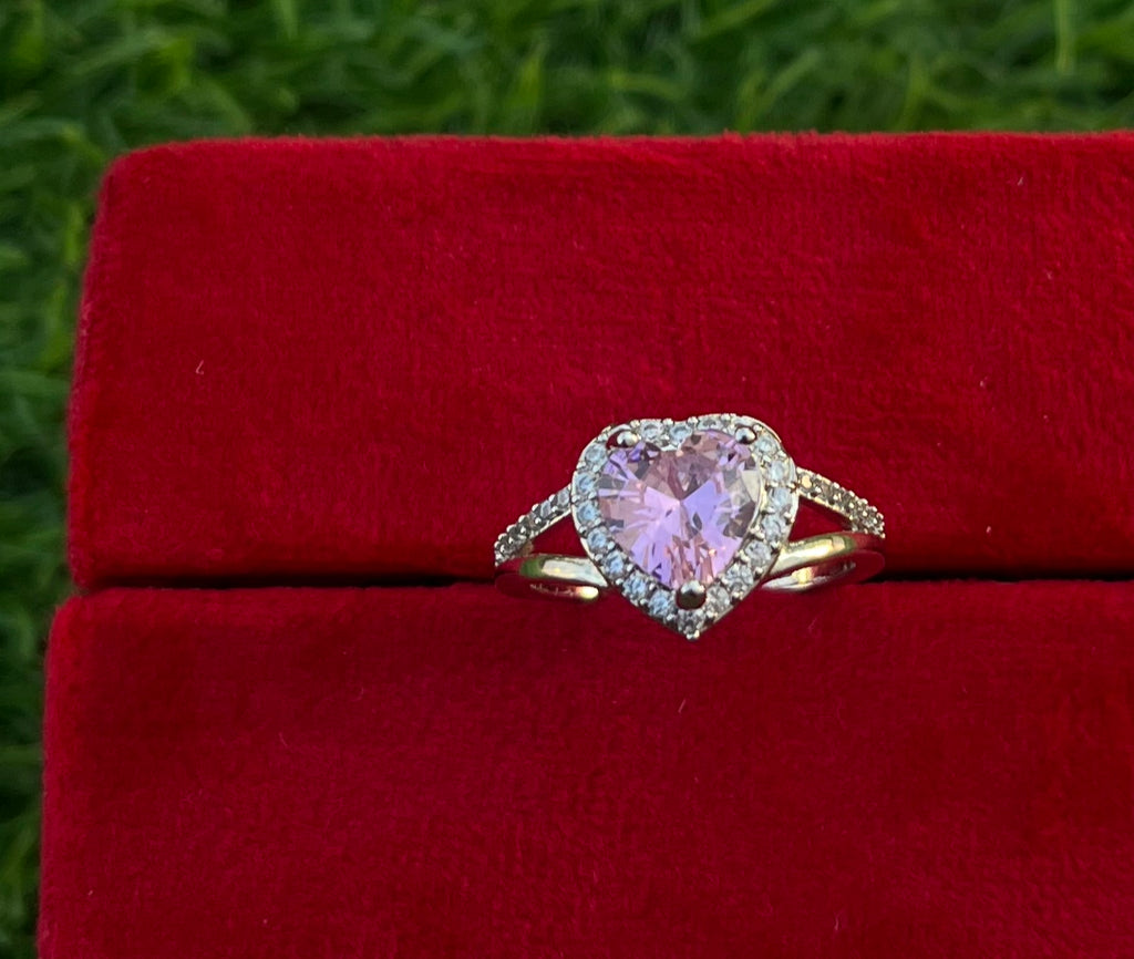 Studded Heart Shape Ring Pink Crystal Ring, Adjustable