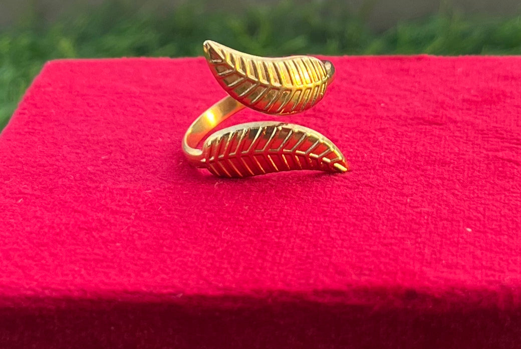 Stainless Steel Open Palm Golden Leaf Wrap Ring, Adjustable