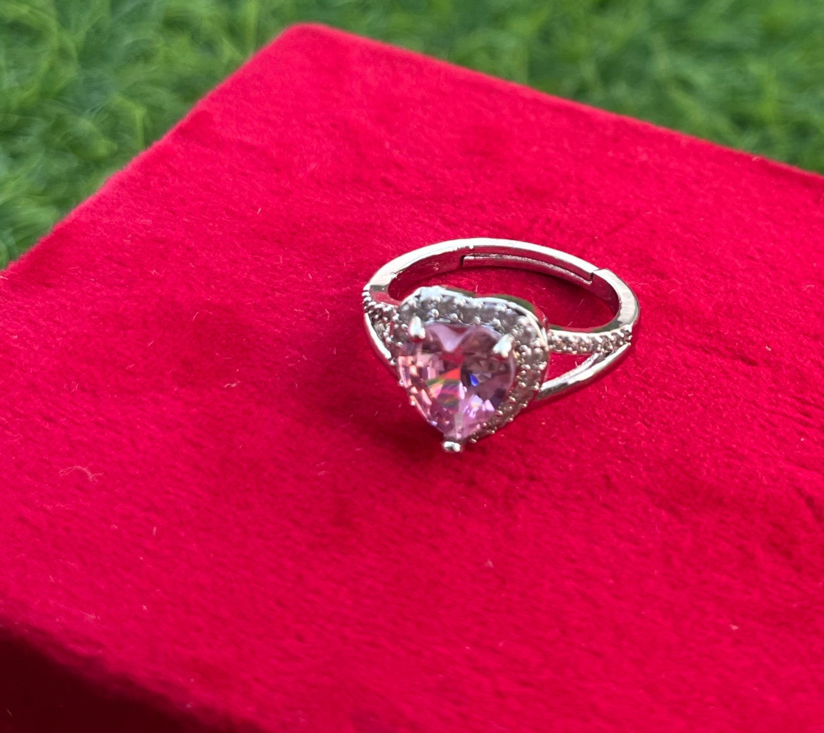 Studded Heart Shape Ring Pink Crystal Ring, Adjustable